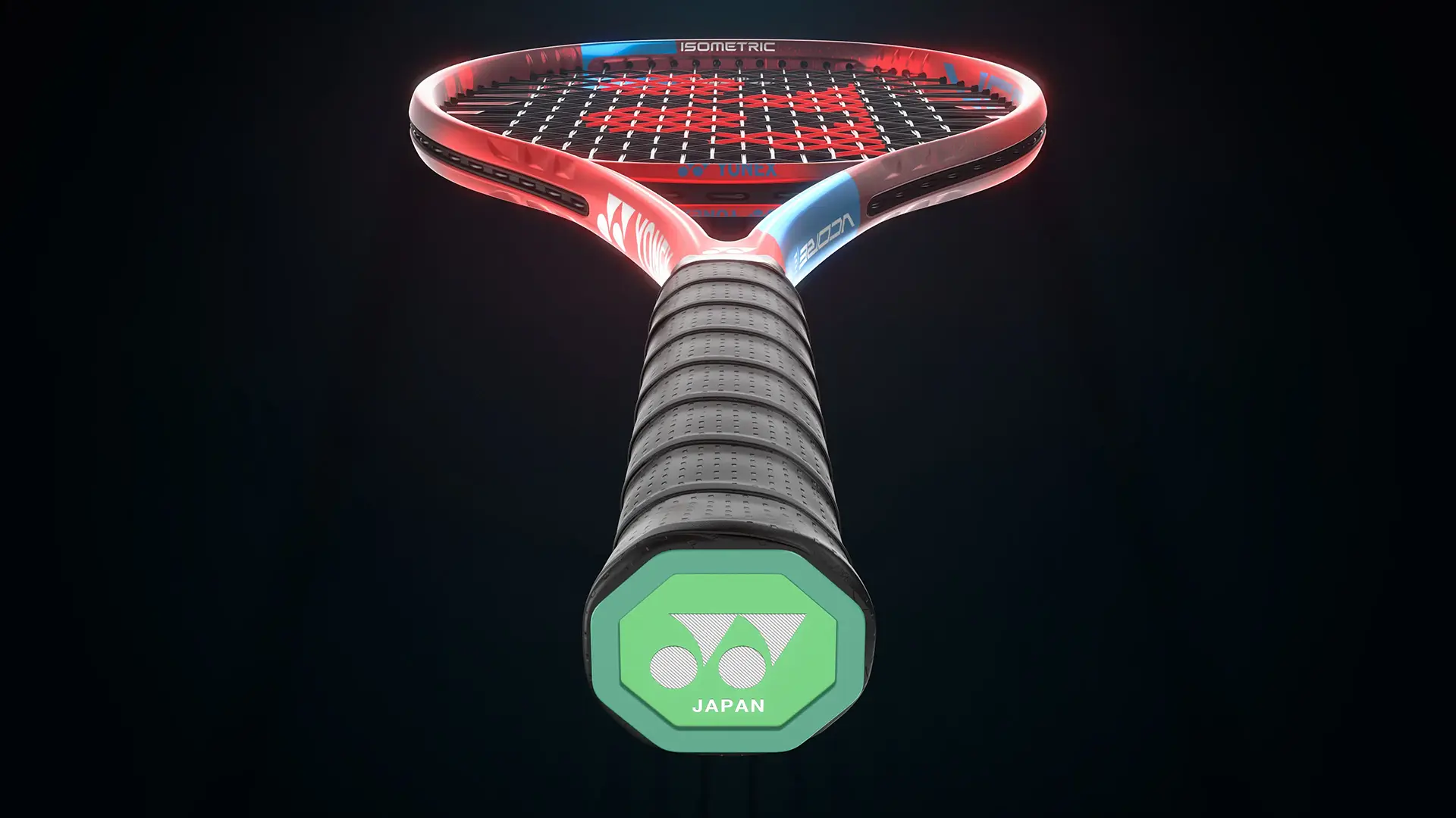 Yonex VCORE tennis racket glowing against black