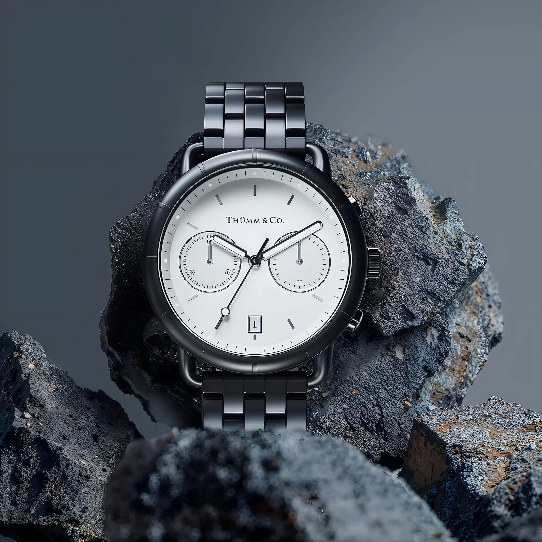 THÜMM & Co. chronograph watch with a white dial and black bracelet resting on volcanic rock