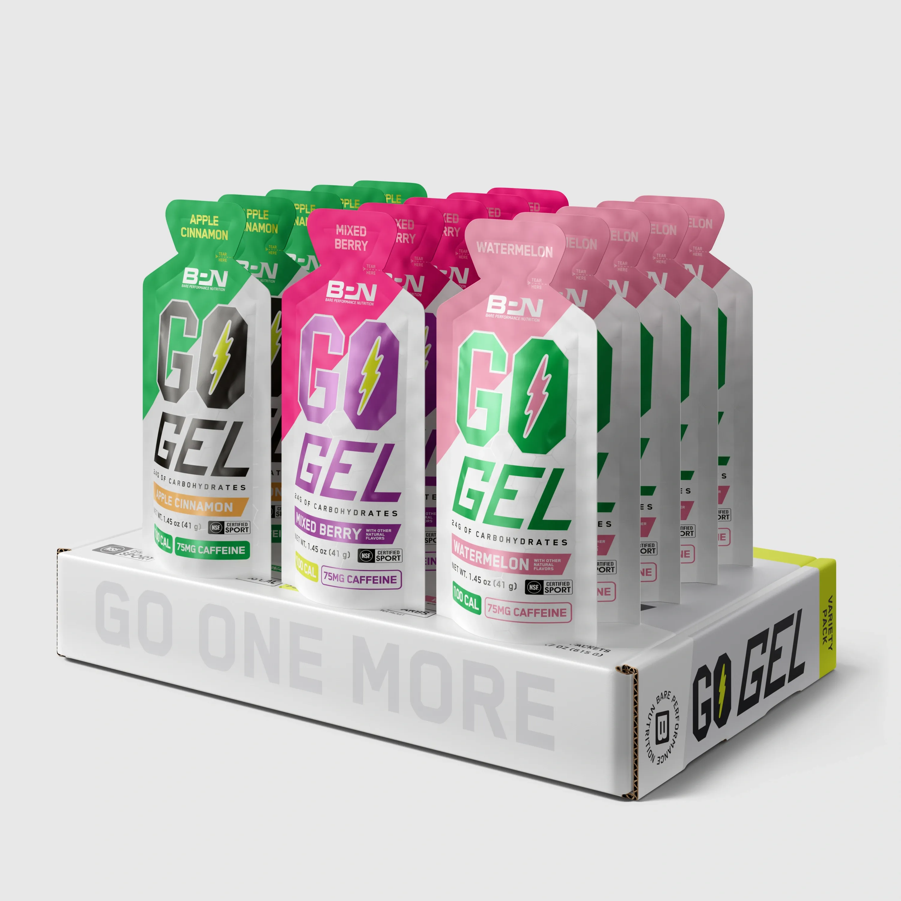3D render of Bare Performance Nutrition Go Gel packets in three flavors, lined up in a white display tray