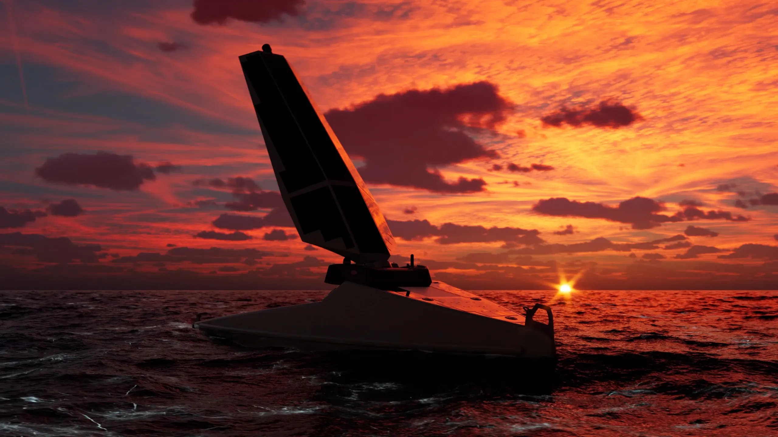 3D render of the Ocean Aero G4 Triton autonomous vessel sailing at sunset with its wing raised