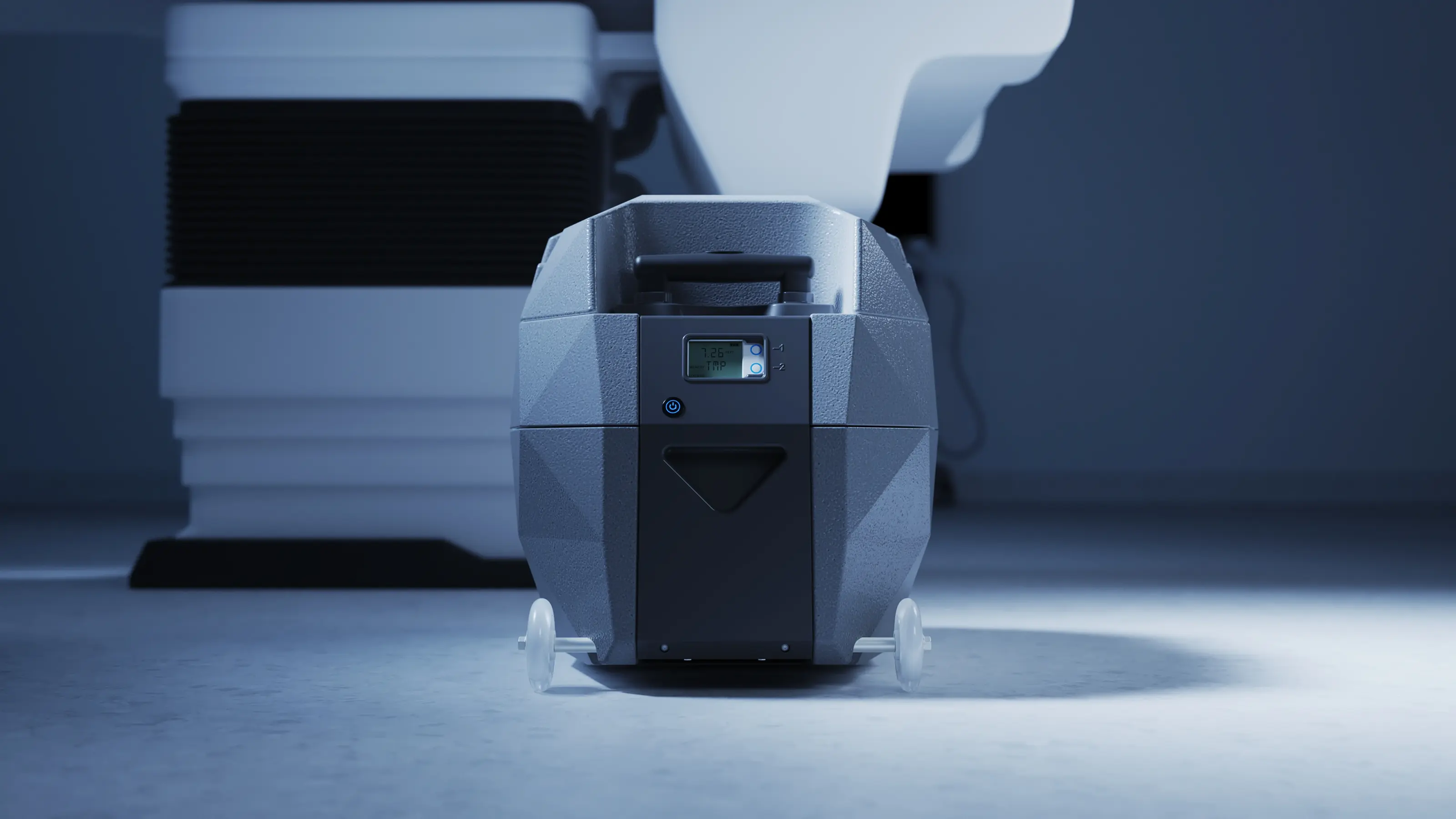 3D render of a dark gray Paragonix organ transport device in a hospital operating room