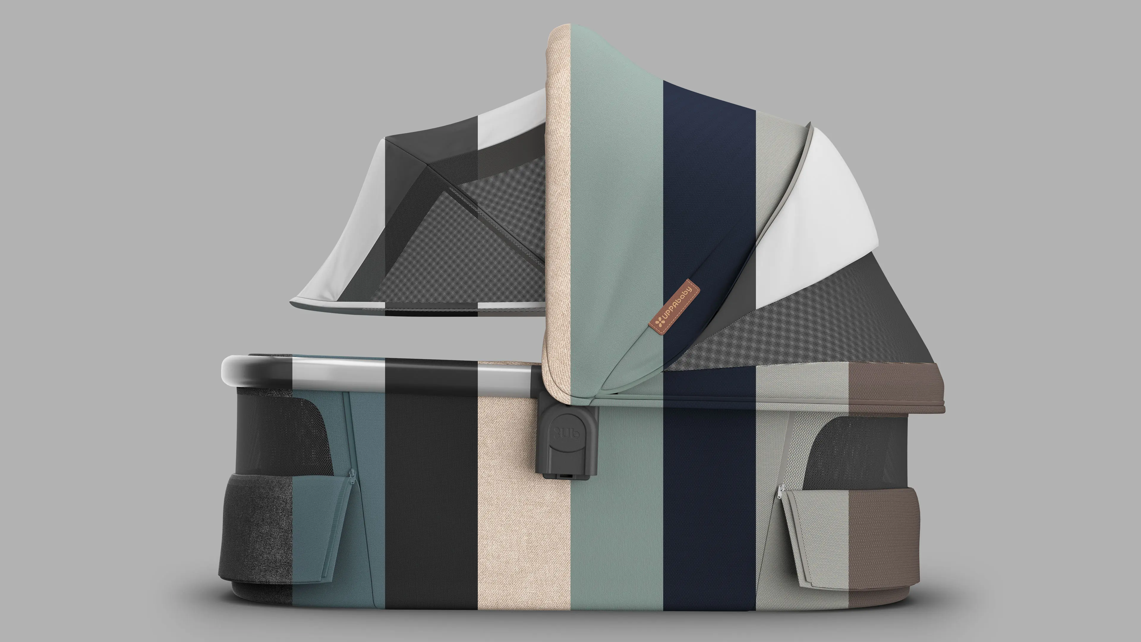 3D render of an UPPAbaby bassinet broken apart into color-coded fabric panels