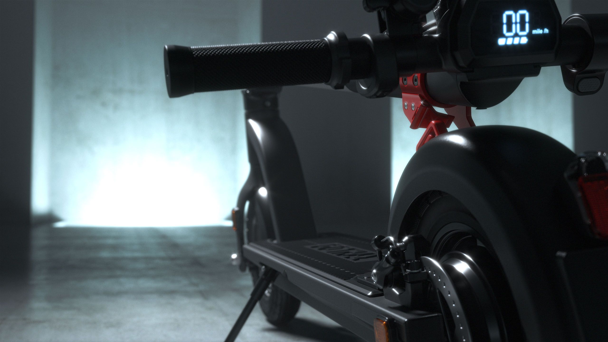 3D render of the GoTrax G4 electric scooter's deck, handlebar and display in a moody concrete room