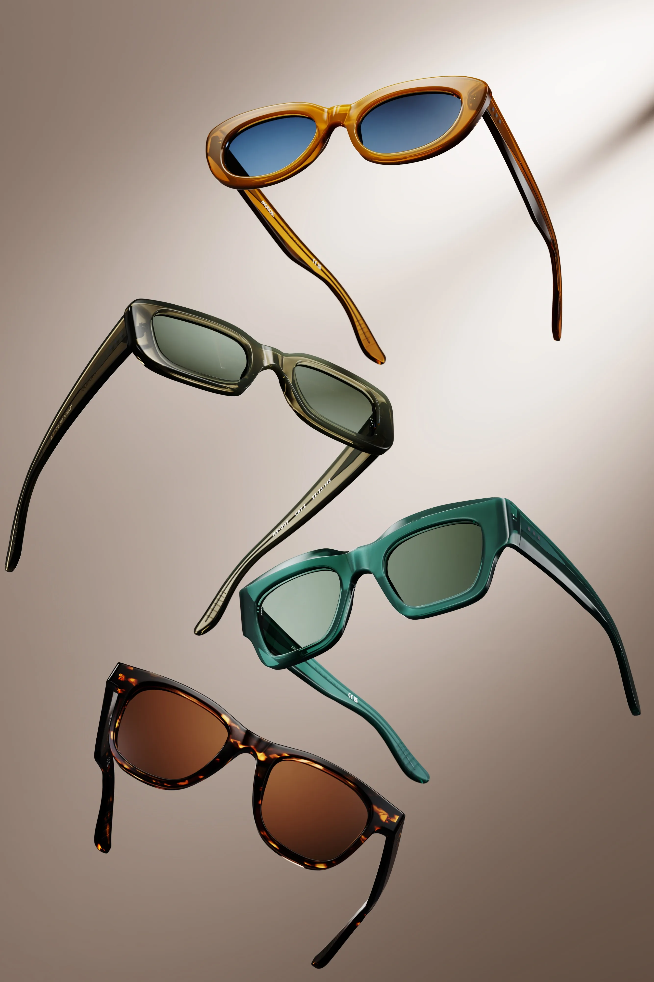 3D render of four Monos sunglasses in amber, olive, green and tortoiseshell frames floating against a beige backdrop