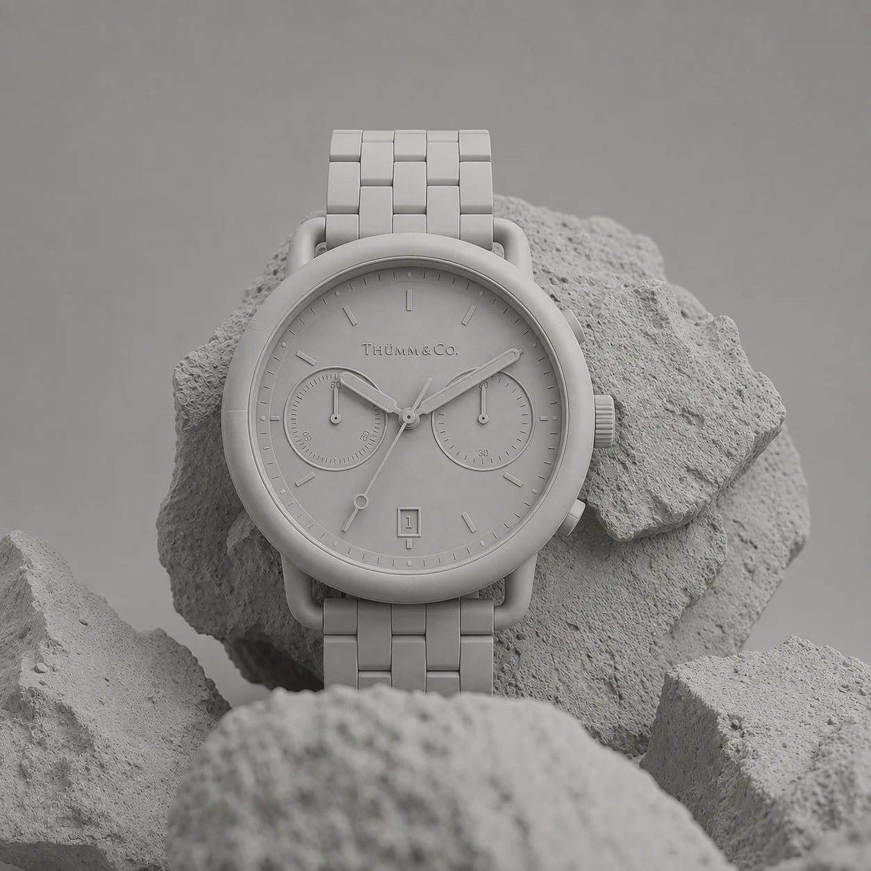 Unshaded clay render preview of the THÜMM & Co. chronograph watch before final shading is applied